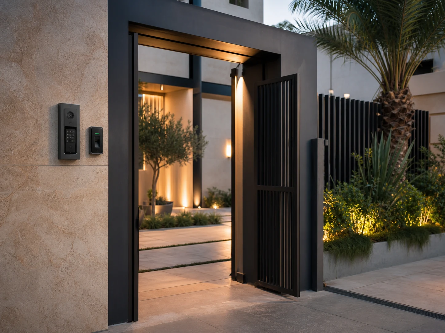 Contemporary villa entrance with integrated access technology