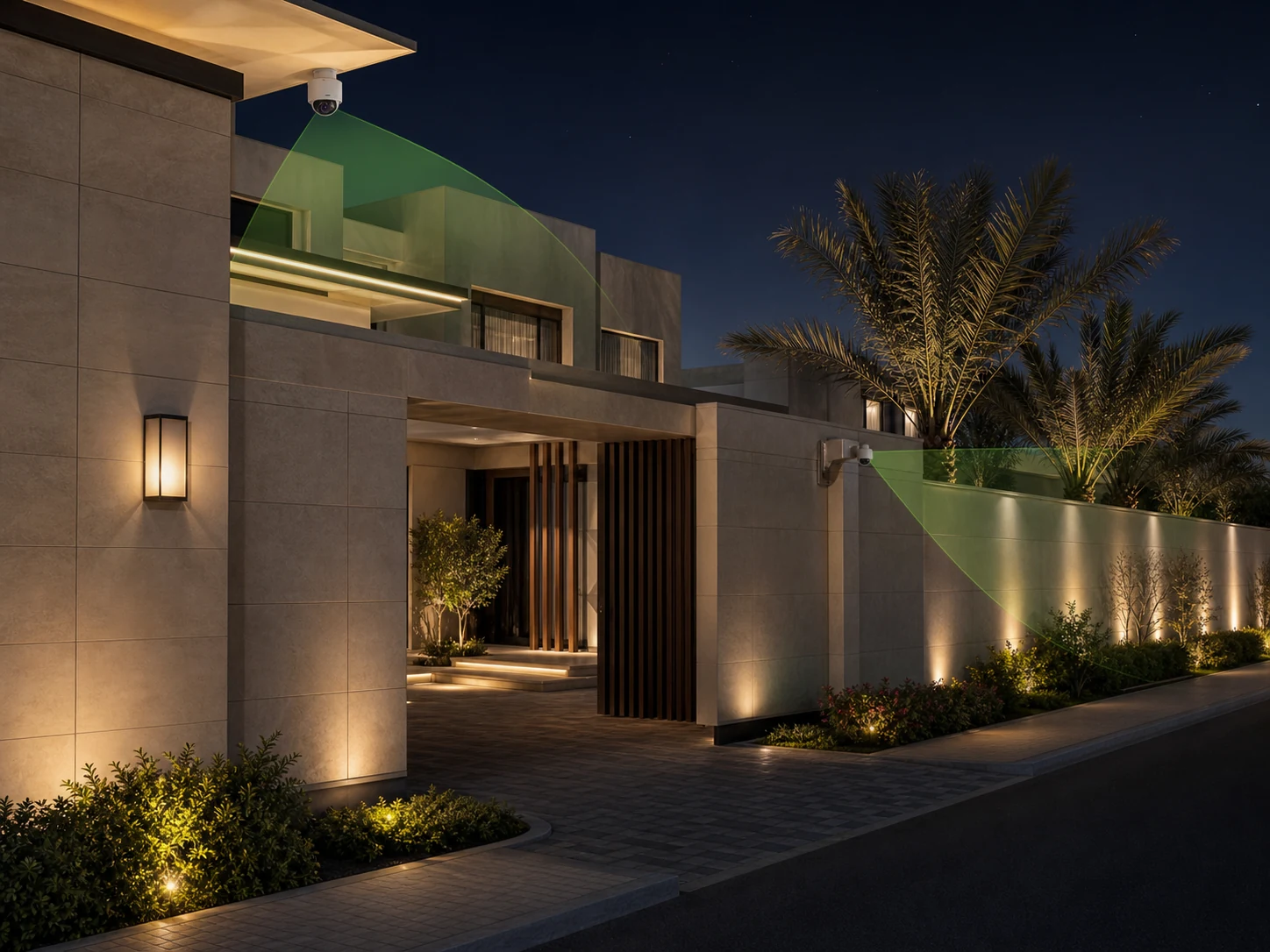 Conceptual modern villa exterior with discreet CCTV coverage zones at night