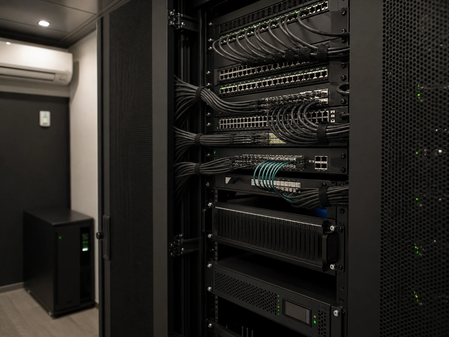 Professionally structured network rack representing VoltEdge technical capability