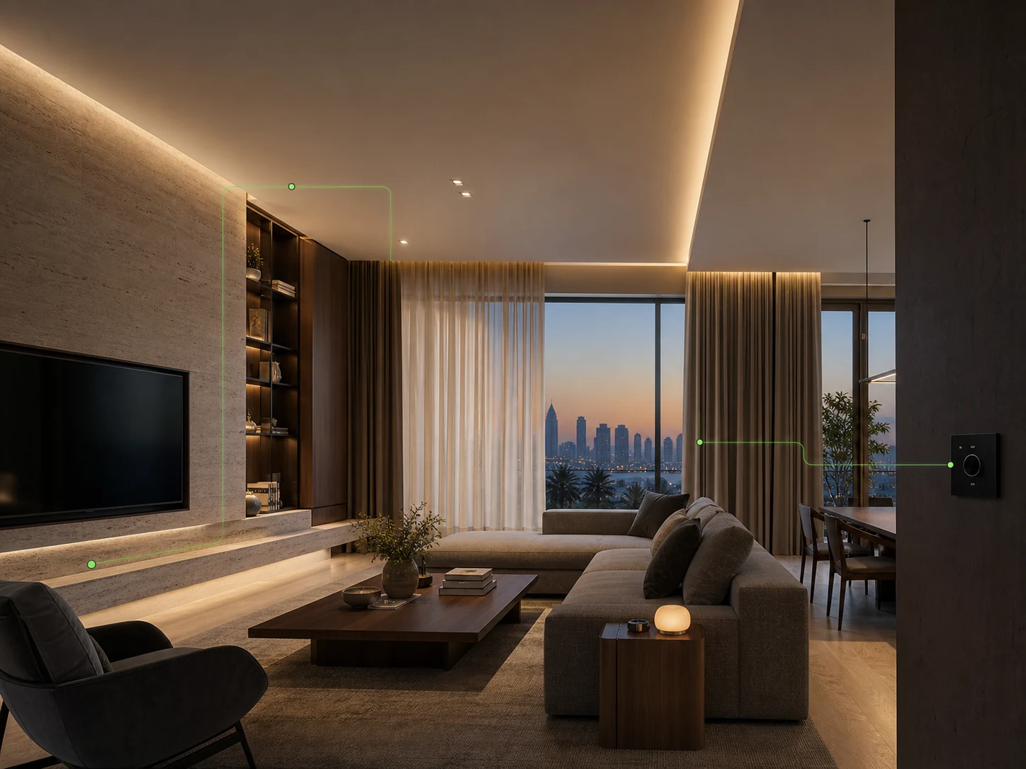 Conceptual premium living room with integrated lighting, curtain and wall-control systems
